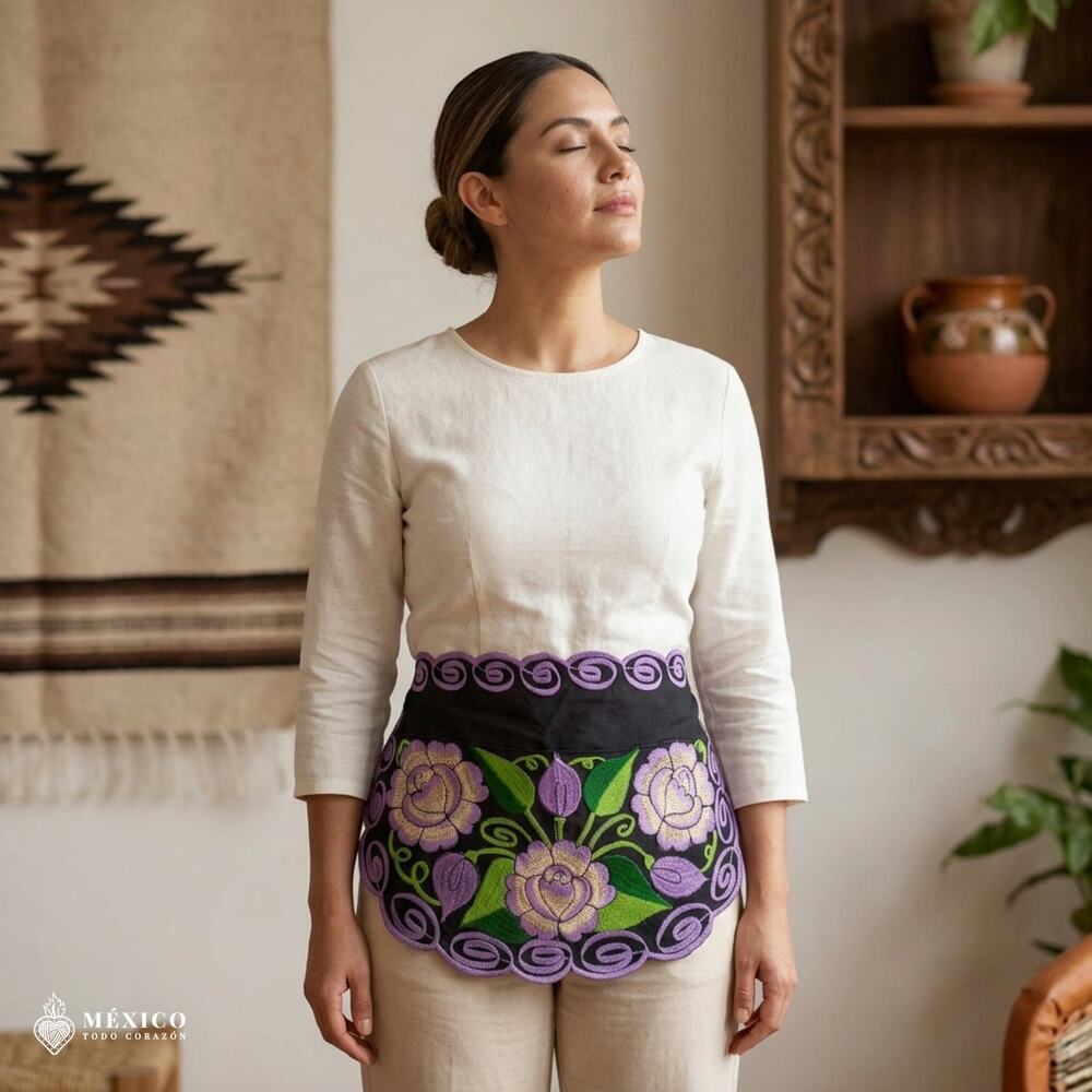 Mexican Embroidered Waist Apron – Floral Pocket Design, Traditional Tie Apron